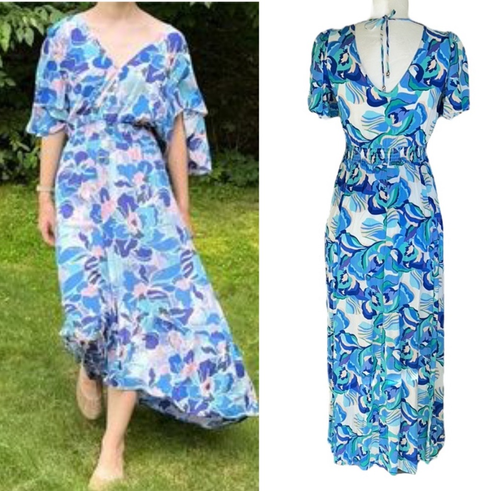 Anthropologie Abel the Label Blue Green Floral Print Tie Back Midi Dress - XS